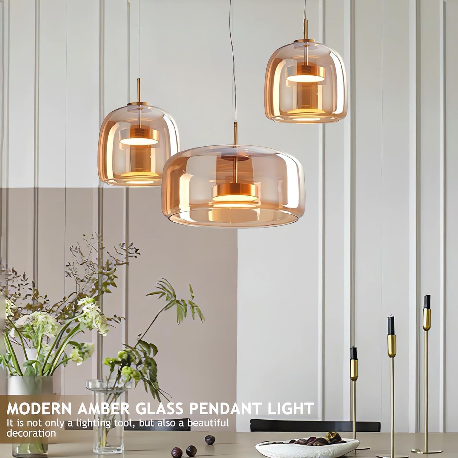 Amber Glass Chandelier Round Pendant Light for Kitchen Island Modern Amber Glass Lampshade with Hanging Lights for Dining Room Living Room Bedroom Coffee Shop Aisle Corridor (A Style)