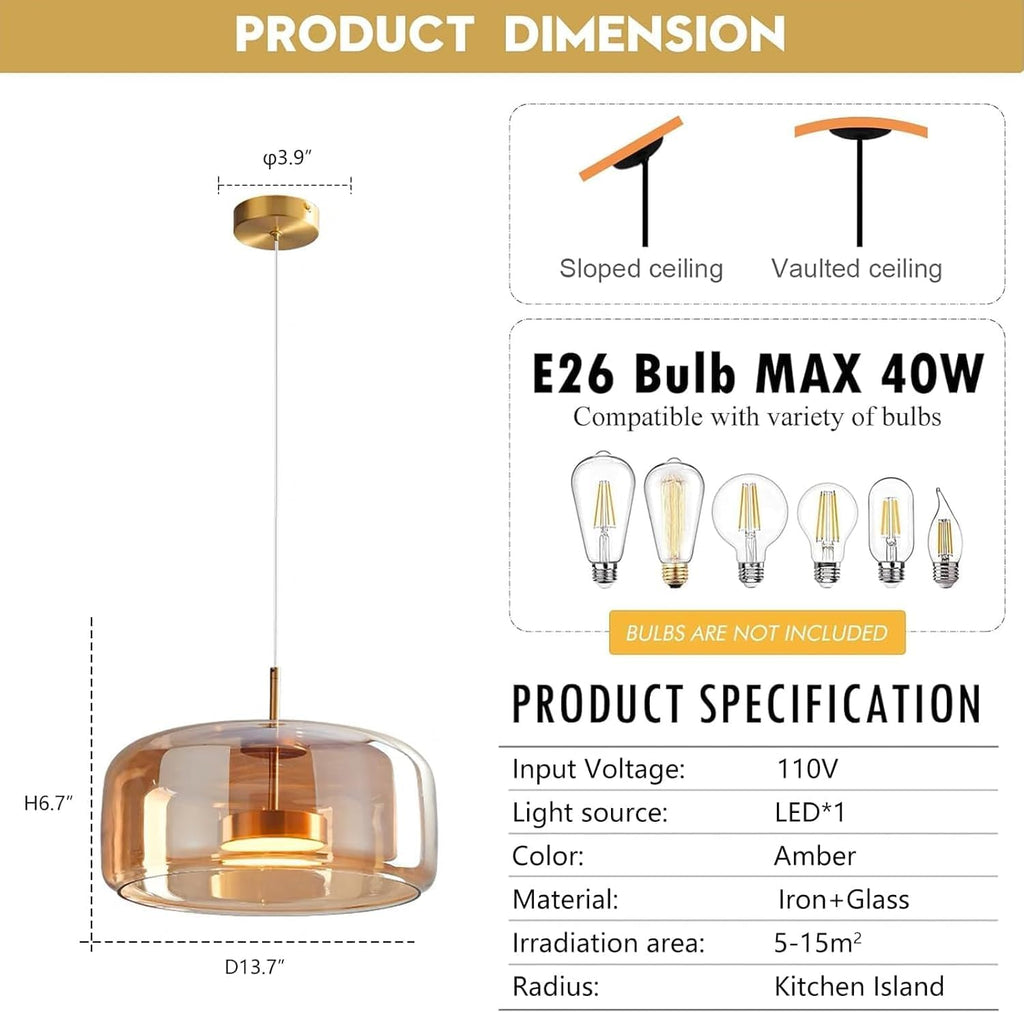 Amber Glass Chandelier Round Pendant Light for Kitchen Island Modern Amber Glass Lampshade with Hanging Lights for Dining Room Living Room Bedroom Coffee Shop Aisle Corridor (A Style)