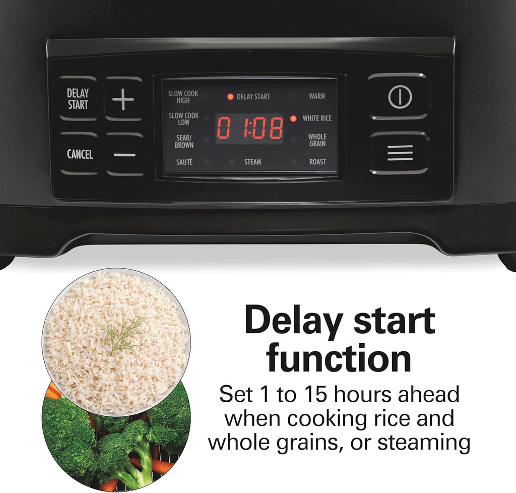 Hamilton Beach 6 Quart 9-in-1 Programmable Slow Cooker with Sear, Browning, Rice, Steam, Sauté, Roast Delay Start & Keep Warm Functions, Nonstick PFAS-Free Dishwasher Safe Crock, Black (33604)