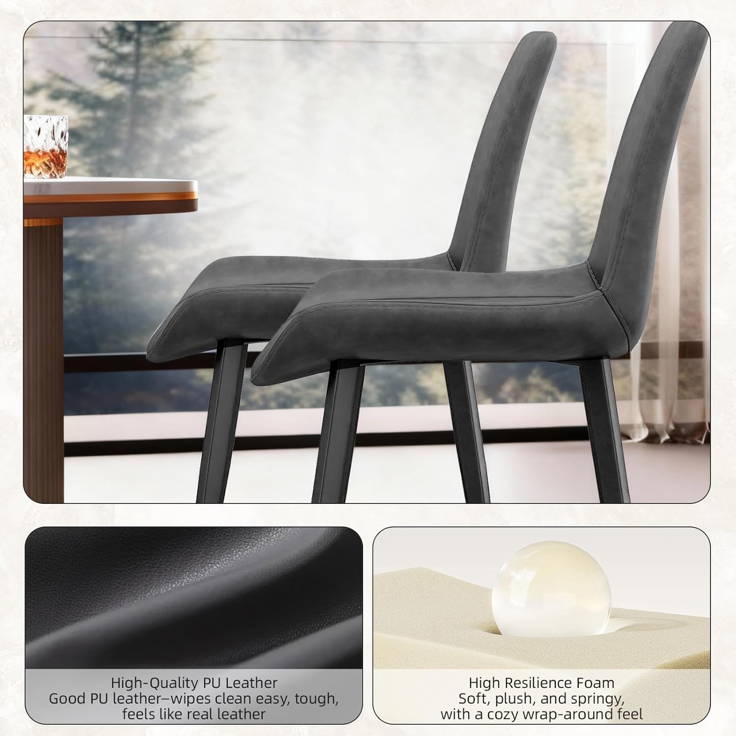 Dining Chairs Set of 2, Modern PU Leather Dining Room Chairs with Sturdy Metal Legs & Comfort Backrest for Living Room, Kitchen Nook, Coffee Shop, Bistro - Gray
