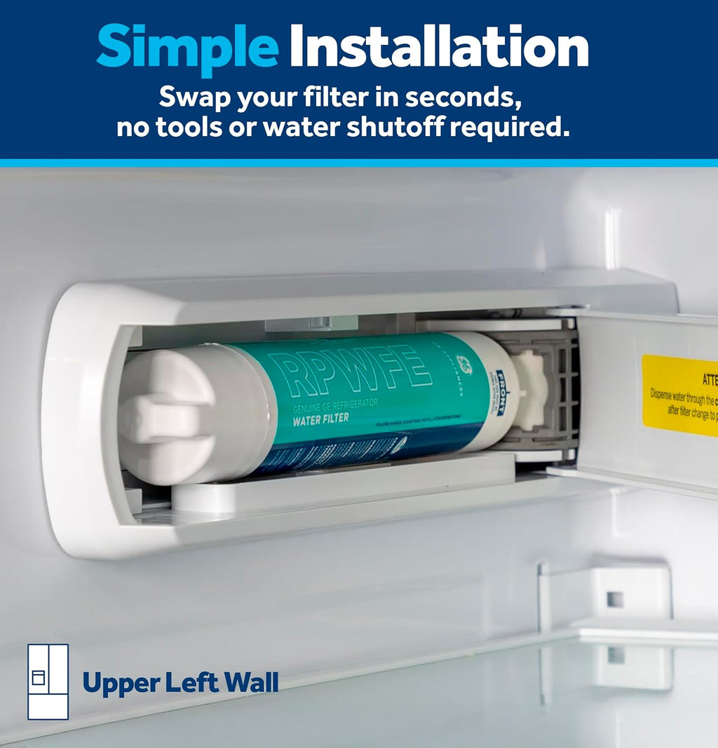 GE RPWFE Refrigerator Water Filter, Genuine Replacement Filter, Certified to Reduce Lead, Sulfur, and 50+ Other Impurities, Replace Every 6 Months for Best Results, Pack of 2