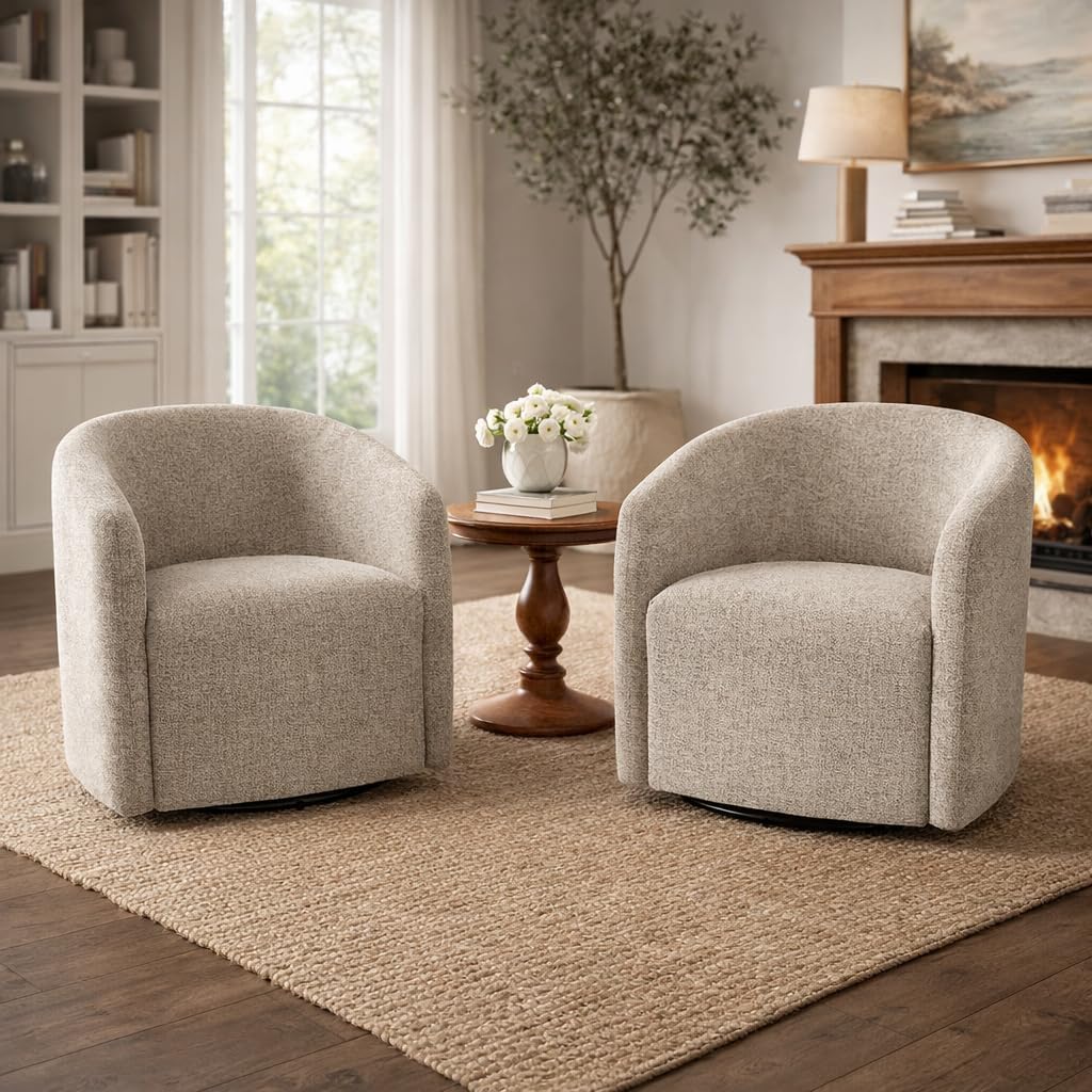 HomePop Upholstered Swivel Accent Chair, Modern Barrel Chair with 360° Swivel Base, Midtone Gray Fabric for Living Room, Bedroom, or Office