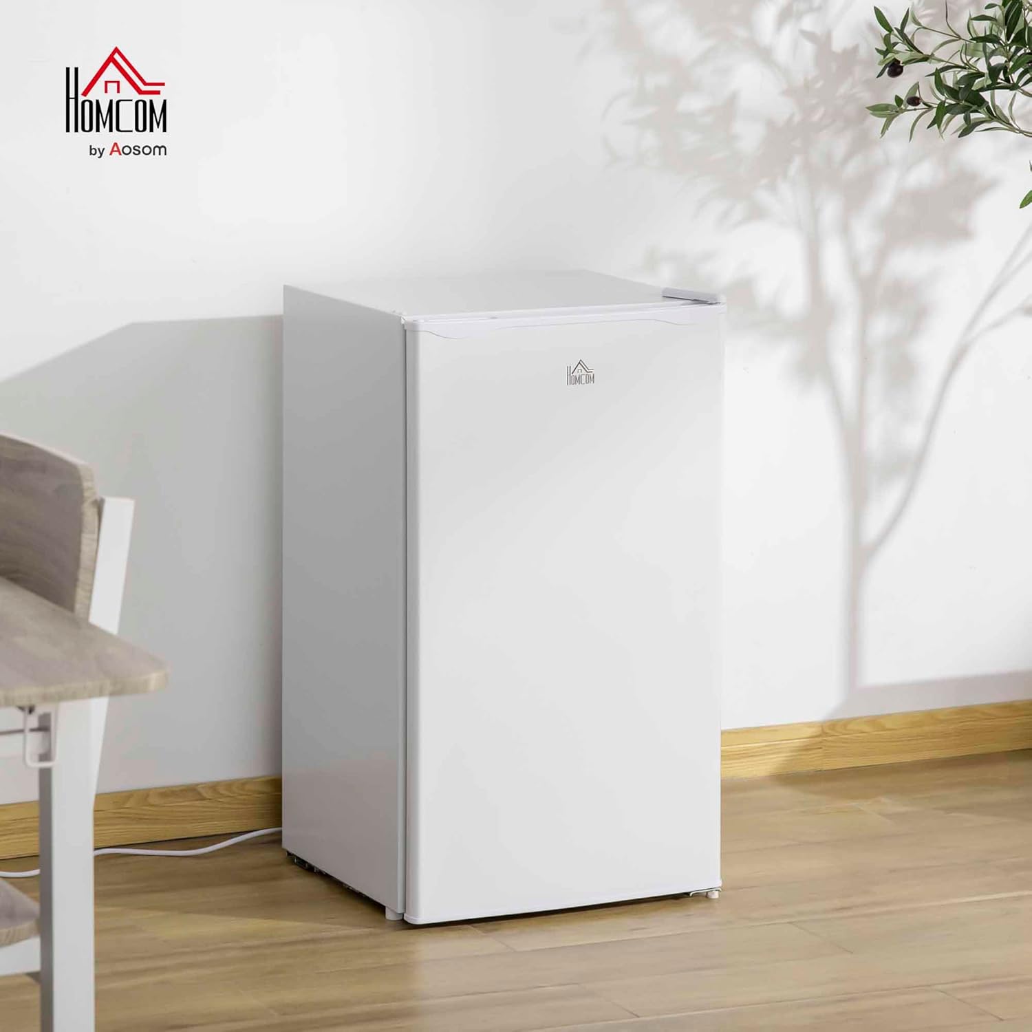 HOMCOM 3.2 Cu.Ft Mini Fridge with Freezer, Compact Refrigerator with Adjustable Thermostat, Shelf and Single Reversible Door for Bedroom, Dorm, Home Office, Energy Efficient, White
