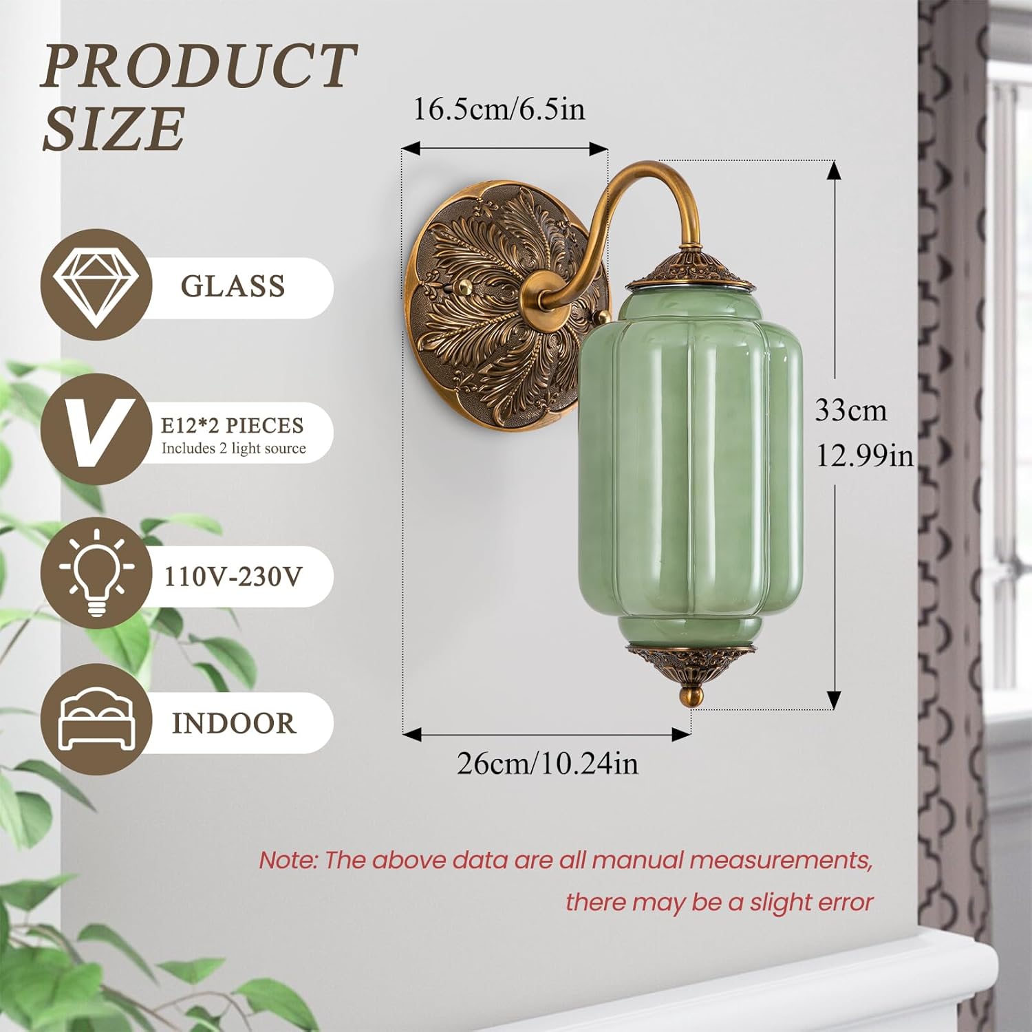Vintage Gold Milk Glass Wall Sconce, Wall Light Set of Two - Vintage Green Shade & Brass Finish Base, Indoor Hardwired Wall Lighting Fixture for Foyers, Bedroom, etc (Bulbs Included)- Green