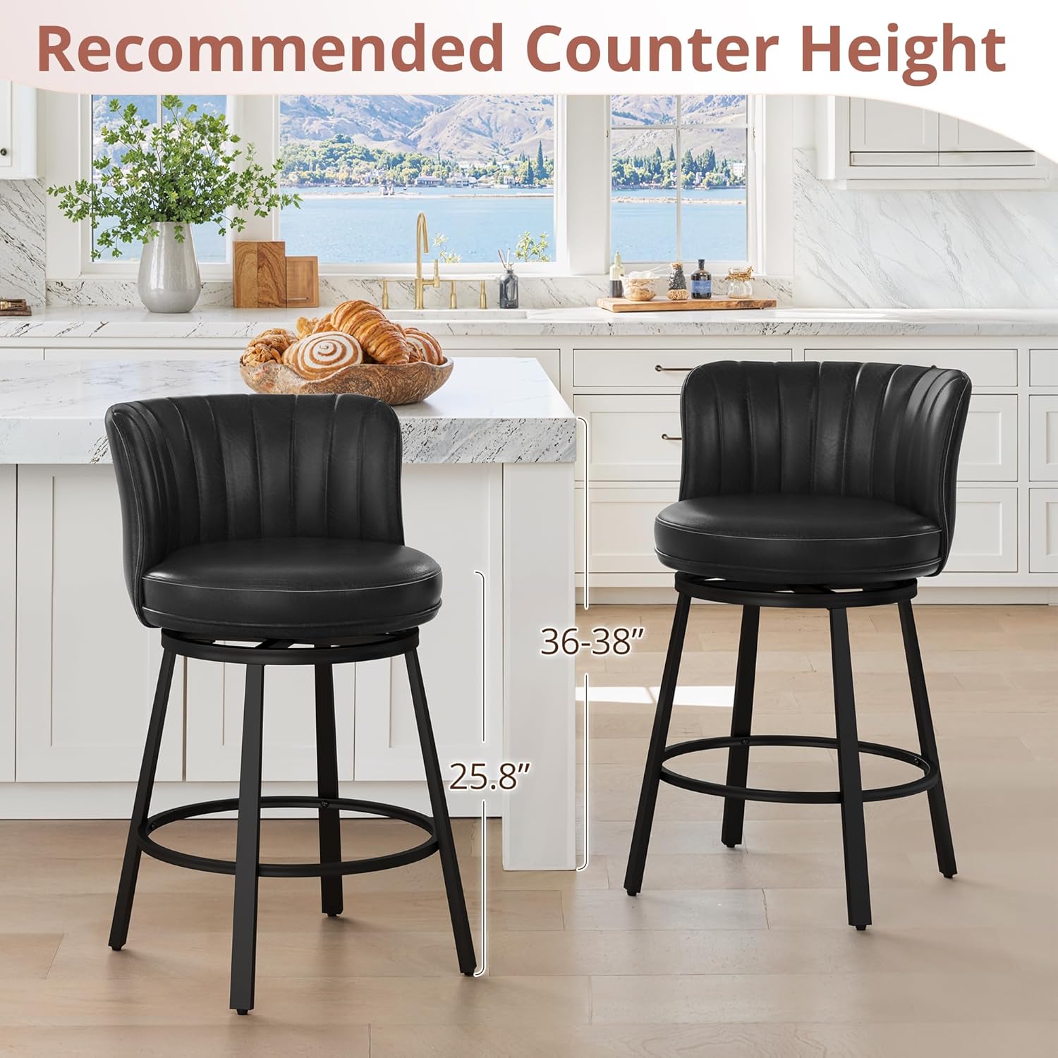 LUE BONA 360° Swivel Leather Bar Stools Set of 3, 26" Counter Height Barstools with Backs and Metal Legs, Rustic Upholstered Bar Chairs for Kitchen Island, Black