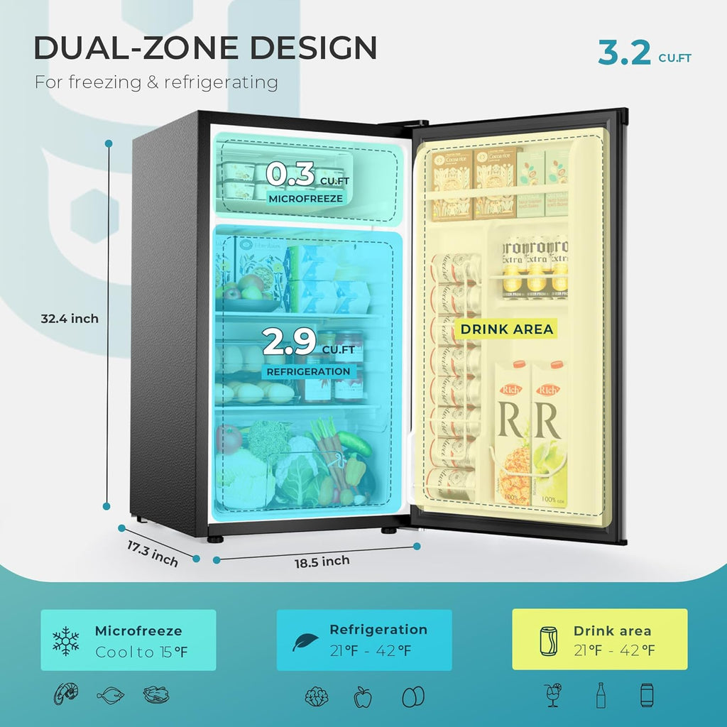 EUHOMY 3.2 Cu.Ft Mini Fridge with Freezer, Single Door Compact Refrigerator, Energy Saving, Mini Refrigerator Adjustable Thermostat, Mini fridge for Bedroom, Dorm, Office, Silver