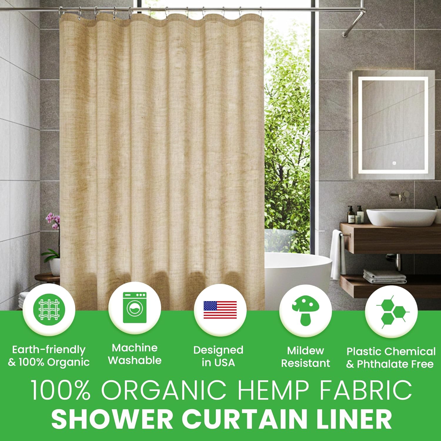 Bean Products Hemp Fabric Shower Curtain Liner - Lightweight and Washable Natural Breathable Fabric Stall Shower Liner - Perfect for Master Bath Tubs, Guest Bathrooms and Dorms - Natural, 36" x 74"