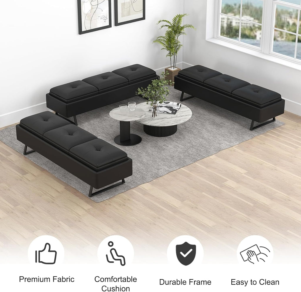 MOTION Leather Bench Waiting Room Chairs - 3 Seat Office Guest Reception Bench with Cushion, Upholered Waiting Room Seating, Office Furniture Lobby Chairs for Salon, Shop, Set of 3, Black