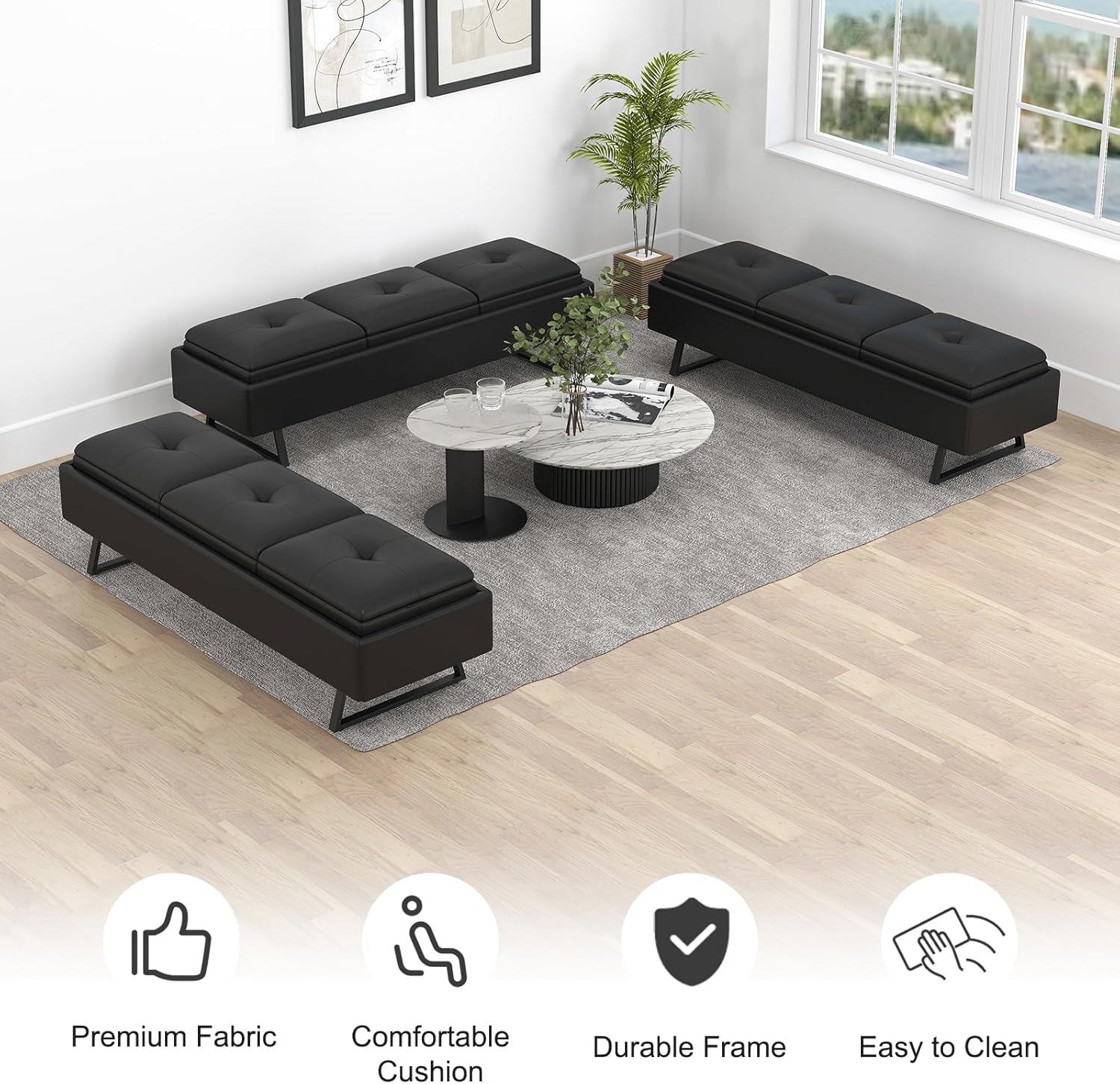 MOTION Leather Bench Waiting Room Chairs - 3 Seat Office Guest Reception Bench with Cushion, Upholered Waiting Room Seating, Office Furniture Lobby Chairs for Salon, Shop, Set of 3, Black