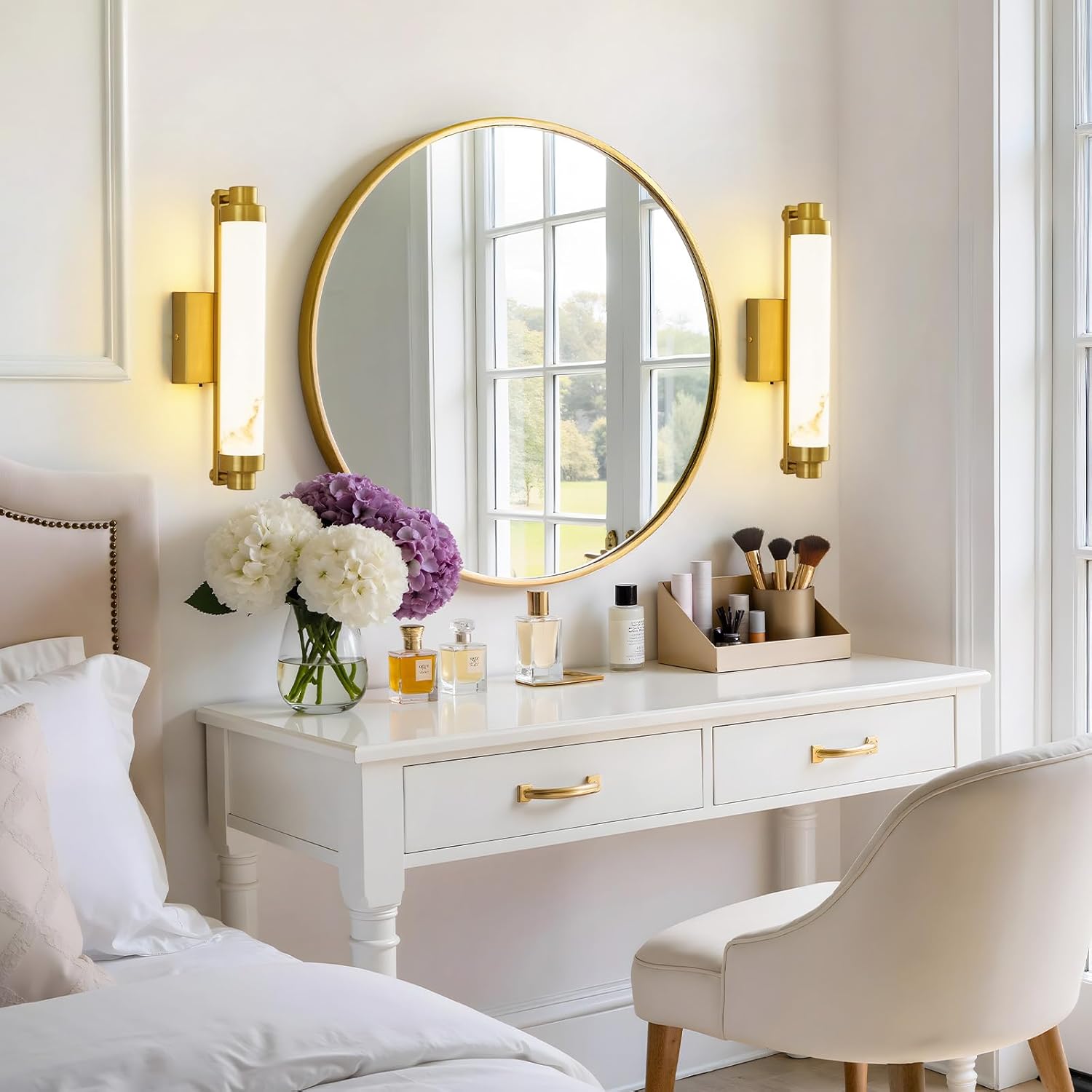 15.4" Gold Wall Sconces Set of 2, Modern Bathroom Sconces with Resin Shade, 5CCT Dimmable LED Wall Lights 14W for Bedroom, Living Room, Hallway