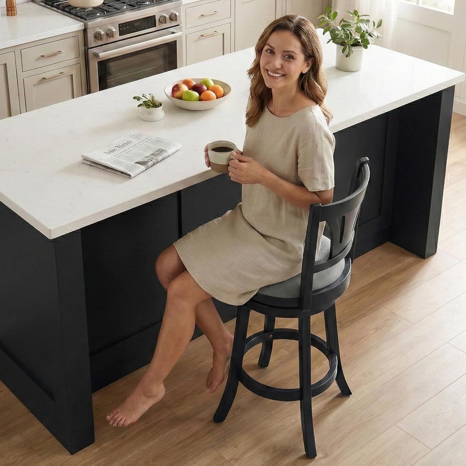 MALOL Swivel Bar Stools Set of 2, 26 Inch Counter Height Barstool with Silent Rotation, High-Density Foam Cushion, Solid Wood Frame, Footrest & Anti-Slip Pads for Kitchen Islands and Home Bars (Grey)
