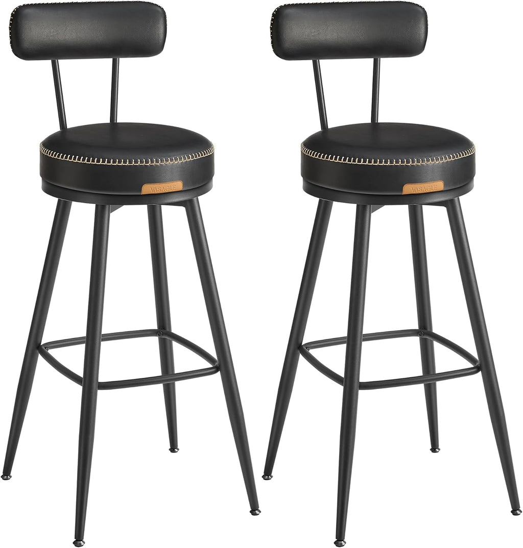 VASAGLE EKHO Collection - Bar Stools Set of 2, Swivel Bar Height Bar Stools with Back, Synthetic Leather with Stitching, Mid-Century Modern, 30-Inch Tall Barstools for Kitchen Home Bar, Ink Black