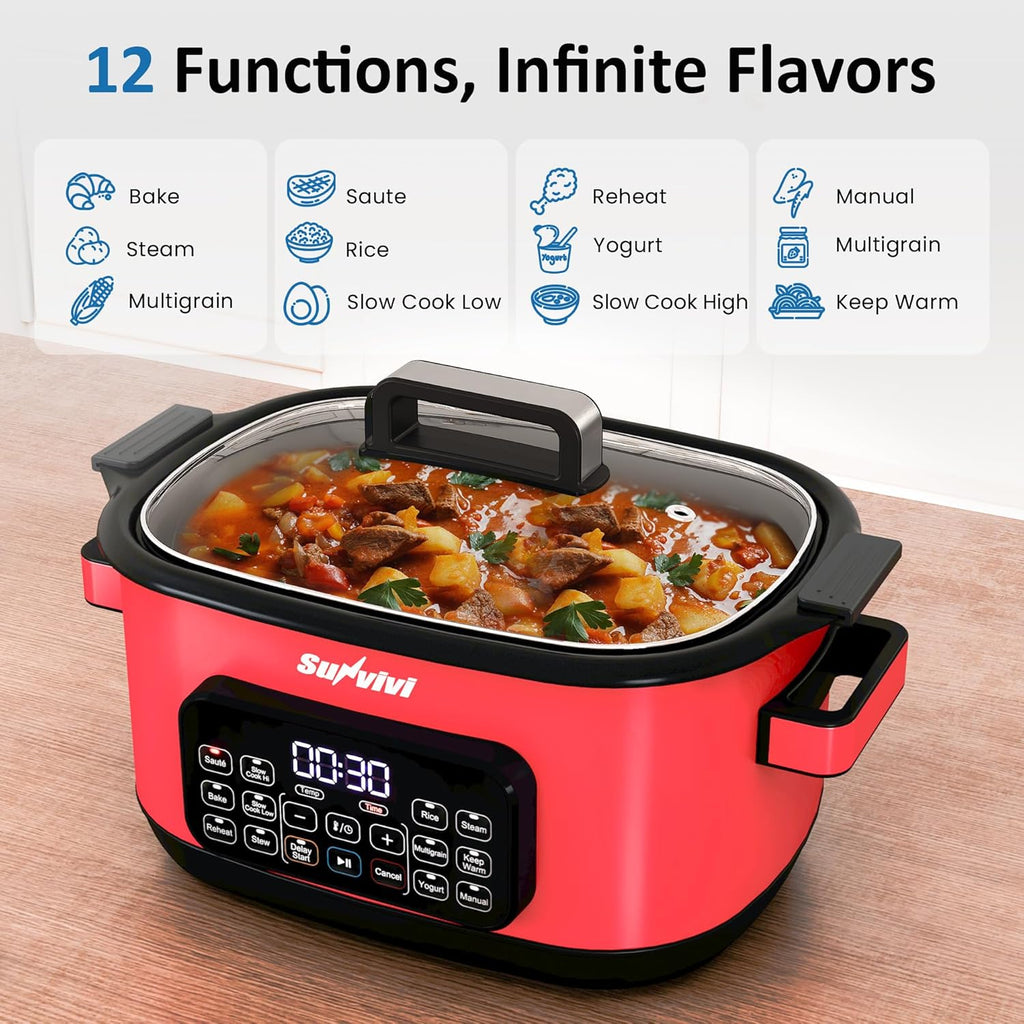 12-in-1 Multicooker, 6.5QT Slow Cooker Roaster Oven, Digital Programmable Multi Functional Pot with Timer Temp Control Delay Start Glass Lid Removable Nonstick Pot, Roast/Steam Rack, Red