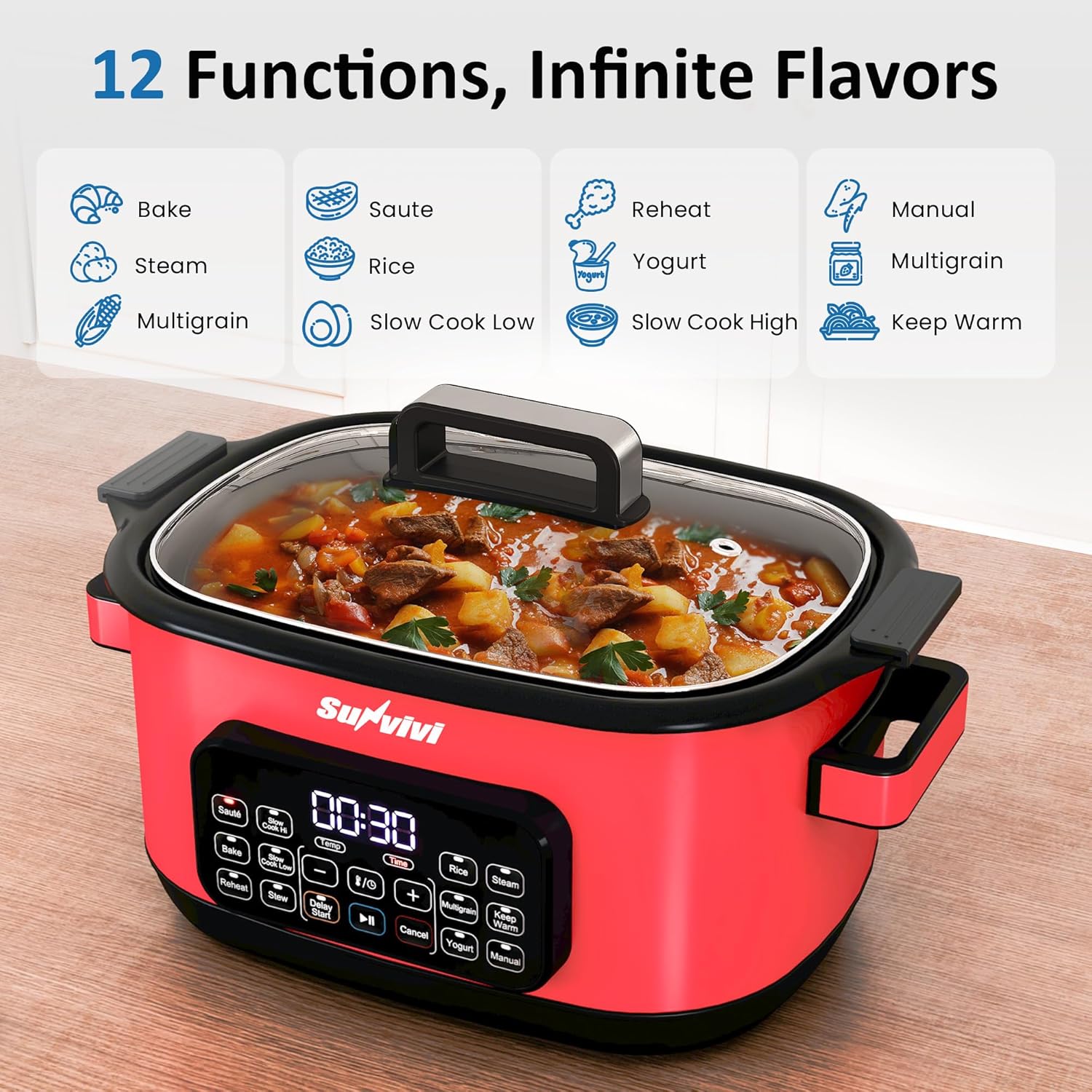 12-in-1 Multicooker, 6.5QT Slow Cooker Roaster Oven, Digital Programmable Multi Functional Pot with Timer Temp Control Delay Start Glass Lid Removable Nonstick Pot, Roast/Steam Rack, Red