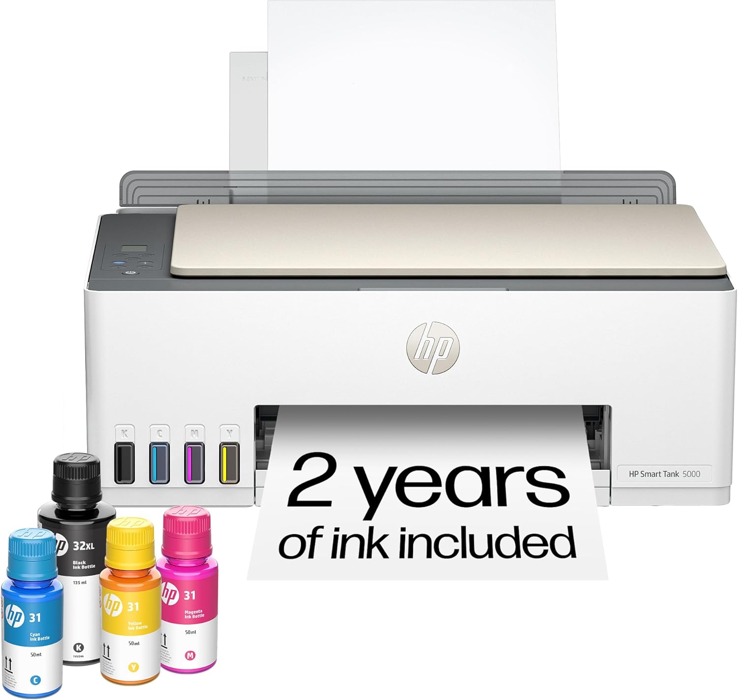 HP Smart Tank 5000 Wireless All-in-One Ink Tank Printer, Scanner, Copier with 2 Years of Ink Included, Best-for-Home, Cartridge-Free, Refillable, AI-Enabled, an EcoTank Alternative (5D1B6A)