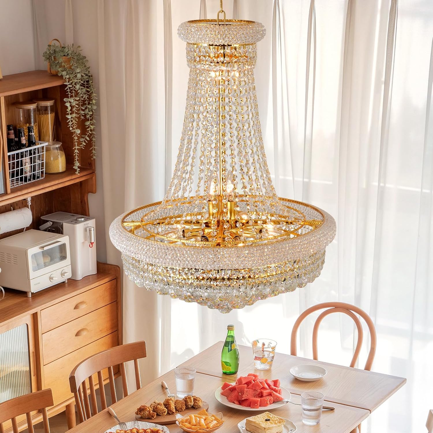 24'' Gold Crystal Chandelier Lighting, 13-Light Modern Gold French Empire Foyer Chandelier, Crystal Raindrop Hanging Pendant Light Fixture for Dining Living Room Bedroom Kitchen Shop