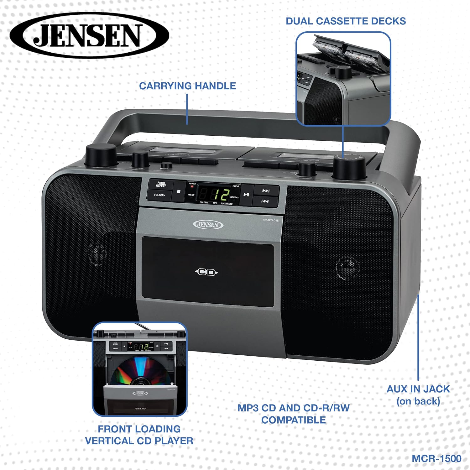JENSEN MCR-1500 MCR-1500 Portable Stereo CD Player and Dual-Deck Cassette Player/Recorder with AM/FM Radio