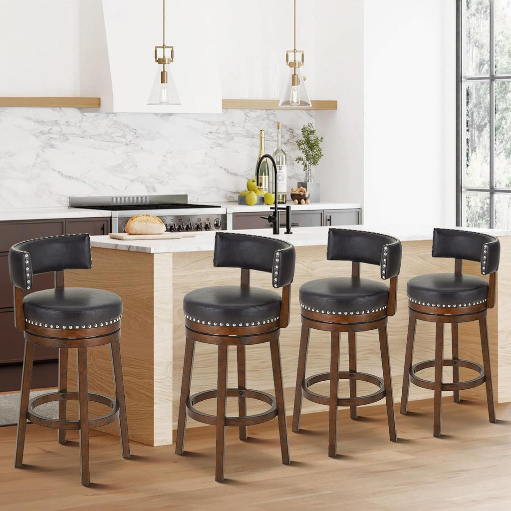 COLAMY Swivel Bar Stools Set of 4, 30 Inch Swivel Counter Height Stools, Modern Upholstered Wooden Barstools with Back for Kitchen Island Dining Room Bar, Dark Brown