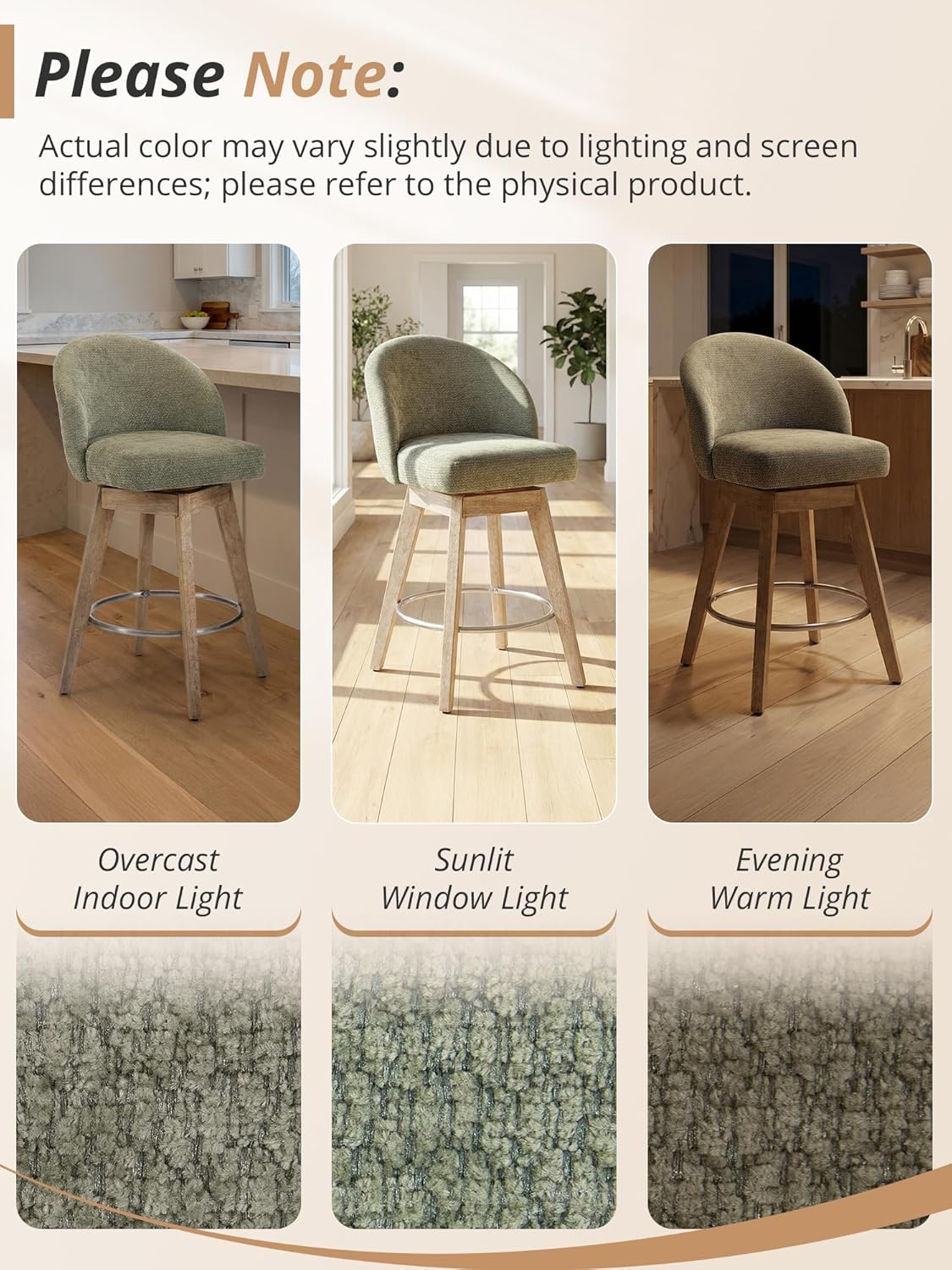 LUE BONA 360° Swivel Bar Stools Set of 3, 26" Counter Height Bar Stools with Backs, Modern Mid-Century Fabric Upholstered Stools with Solid Wood Legs for Kitchen Island, Light Green