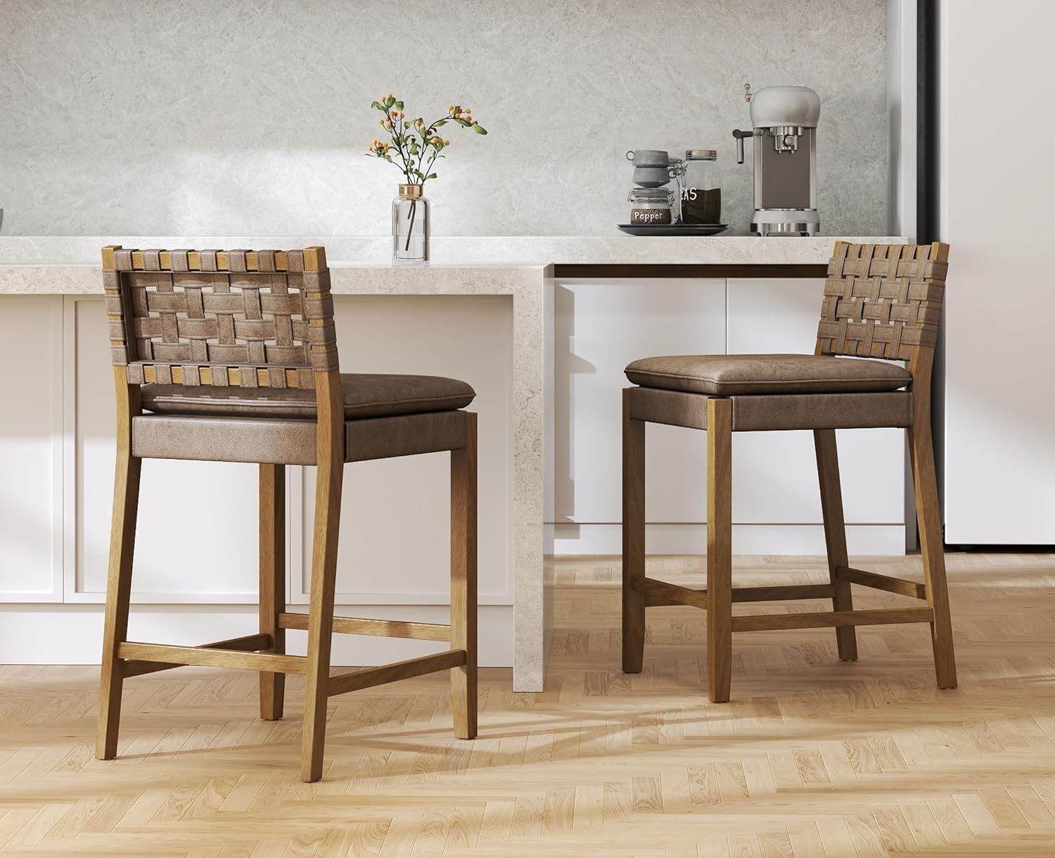 EALSON Mid Century Rattan Bar Stools Set of 4 Modern Farmhouse Barstools with Leather Woven Backs 26 Inch Wooden Counter Stool Breakfast Upholstered Bar Chairs for Kitchen Island, Brown