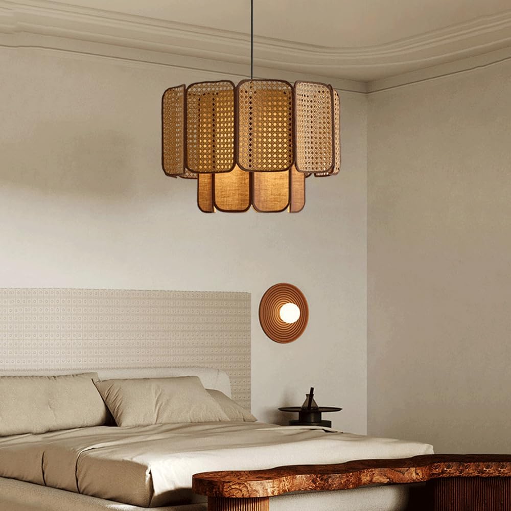 2 Tier Curry Round Linen Hanging Lamp Wabi-sabi Style Creative LEDE27 Base Rattan Pendant Lightled Bedroom Dining Room Living Room Single Head Chandeliers Tea Room Cafe Hot Pot Shop Lighting