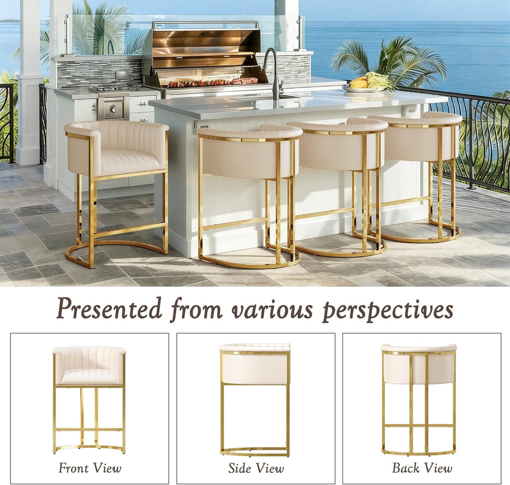 26" H Counter Height Bar Stools Set of 3, Modern Barrel Counter Stools with Backrest and Arms, Faux Leather Upholstered Barstools for Kitchen Island, Gold Stainless Steel Frame/Beige