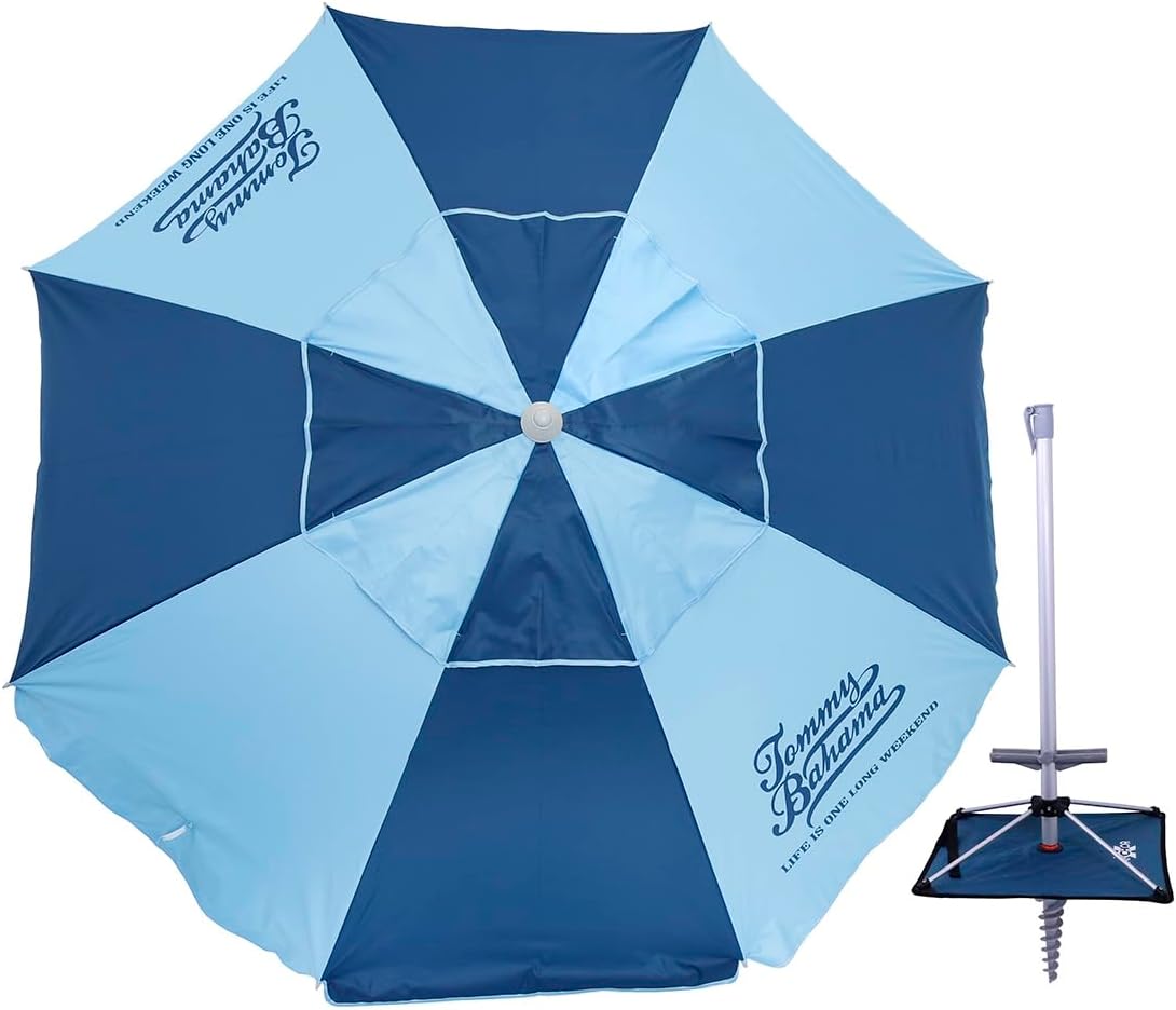 Tommy Bahama Fiberglass Beach Umbrella for Sand with Integrated Anchor
