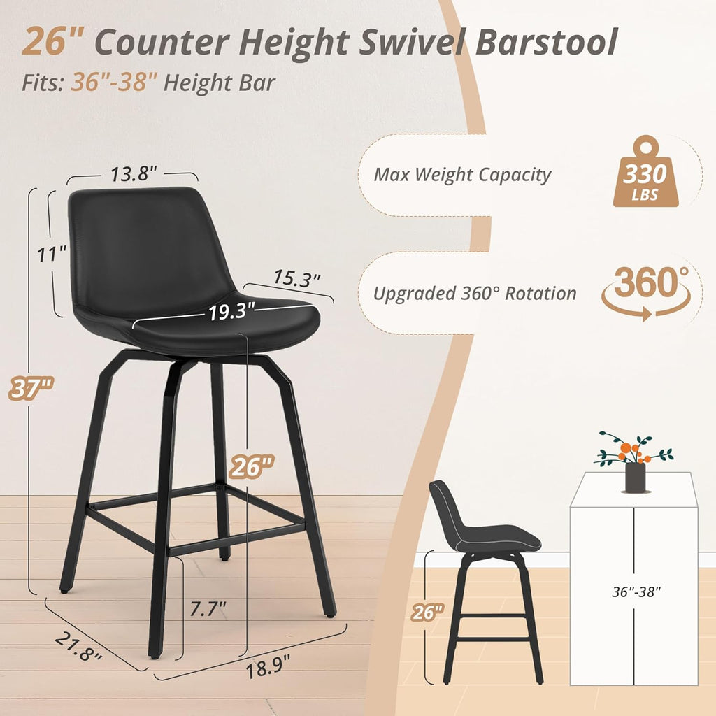 LUE BONA 360° Swivel Bar Stools Set of 3, 26 Inch Counter Height Bar Stools, Modern Faux Leather with Enlarged Seats, Metal Legs for Kitchen Island, Dining, Black
