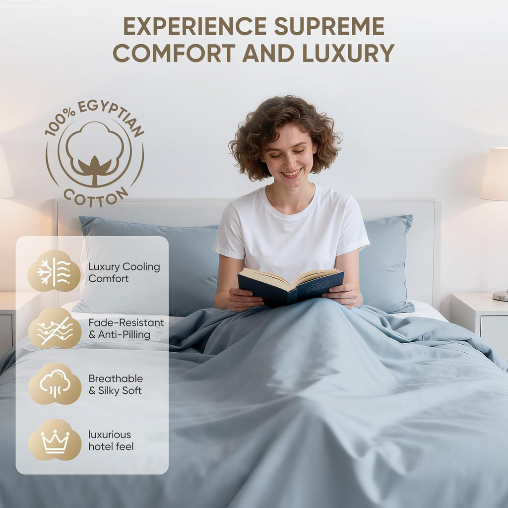 TWK 1200 Thread Count 100% Egyptian Cotton Sheets Bed Set,Thickness,Long-Lasting Durability,Resists Pilling,Deep Pocket Up to 18",with a Laundry Bag (French Blue, King)