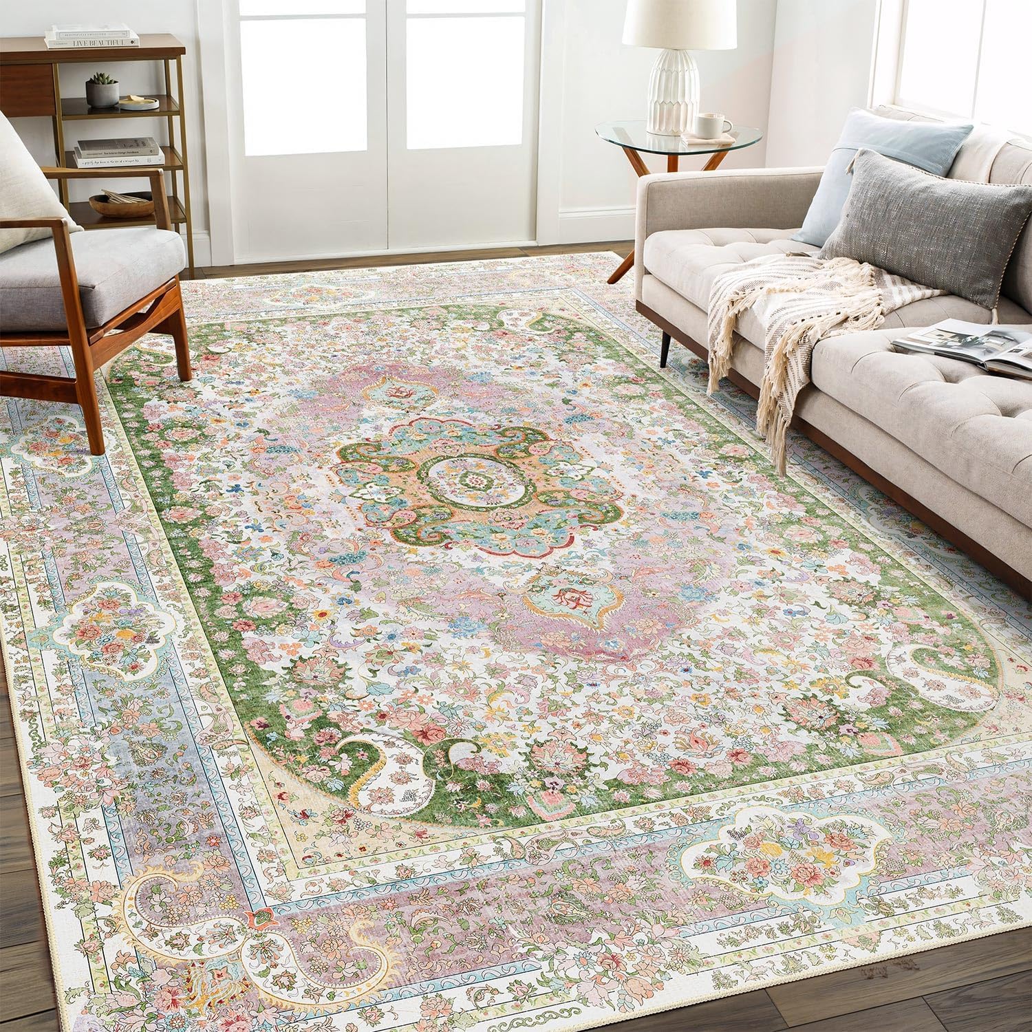 8x10 Area Rugs Washable,Pink Rug for Living Room Bedroom Dining Room,Large Boho Vintage Bohemian Distressed Carpet Non Slip,Blush Green