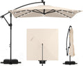 Tangkula 8x8 FT Solar Patio Umbrella with Base Included, Square Offset Cantilever Outdoor Umbrella with 32 LED Lights, 360 Degree Rotation, Crank Handle, 2 Sandbags, 8 Ribs, Air Vent for Pool Deck Garden Backyard