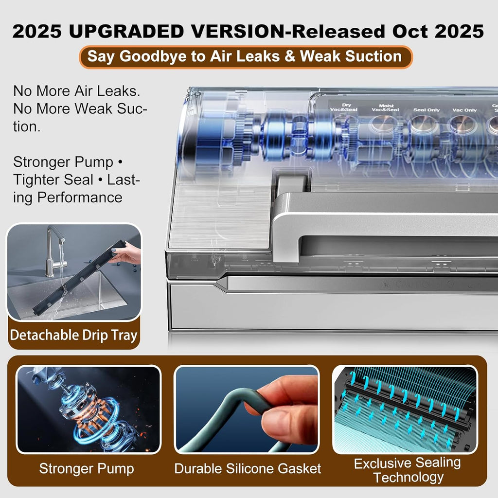 Precision Food Vacuum Sealer Machine, POWOT Fully Automatic Vacuum Sealing System, Commercial Food Vacuum Saver Pro, Double Heat Seal, Easy-Lock Handle, Built-in Cutter&Bag Storage, Hose&Bag Rolls