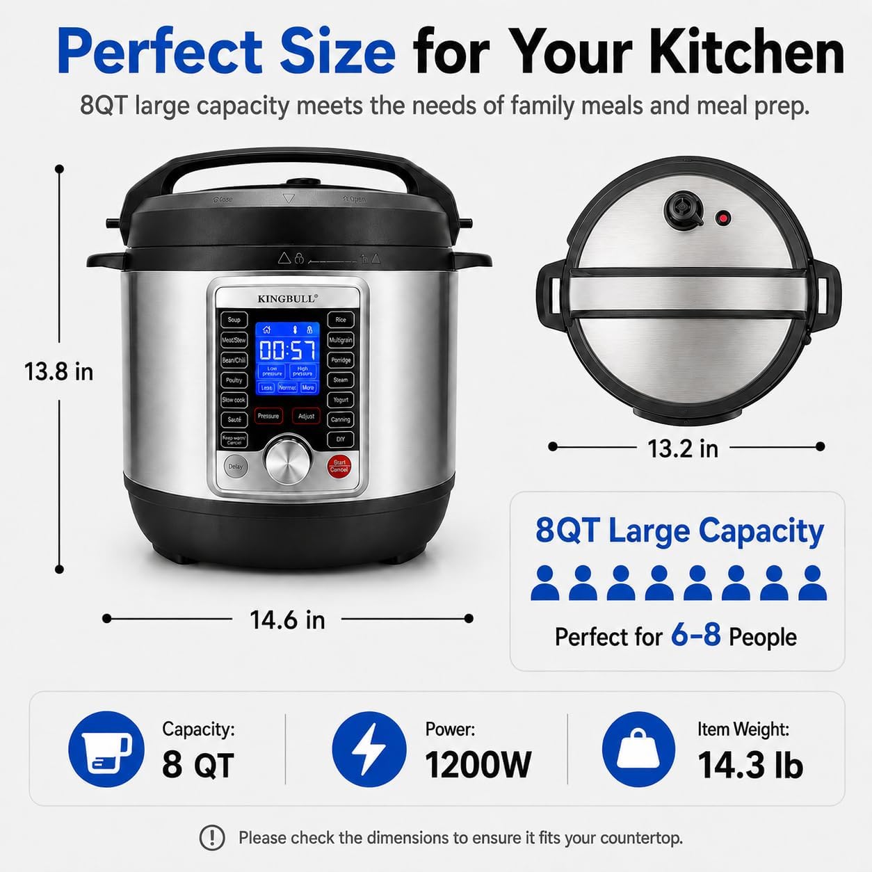 KINGBULL 14-in-1 Electric Pressure Cooker 8 Quart, Stainless Steel Multi Cooker with LCD Display and Knob Control, Slow Cooker, Rice Cooker, Steamer, Sauté, Yogurt Maker, Warmer, DIY Mode