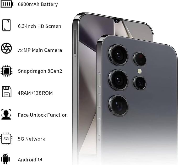 C24 Unlocked Phone,6.3-inch Screen .Android 14 Smartphone,4+128GB Cell Phone,6800mAh Large Battery,90Hz FHD+ Screen 72MP Camera Smartphone,Dual SIM 5G Phone,Face ID/GPS.(Gray)