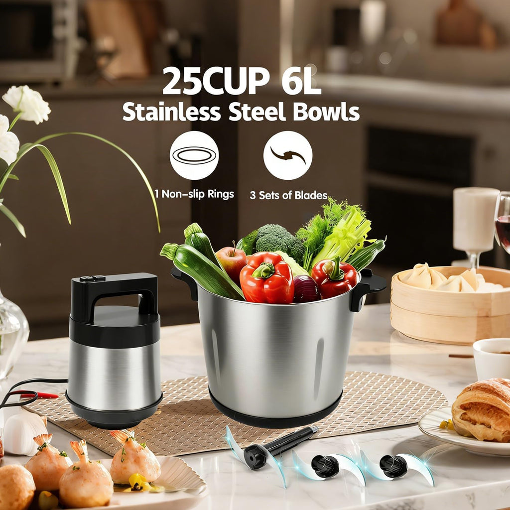 Food Processor 6L Large Capacity,1200W Heavy Duty Electric Meat Grinder for Frozen Meat,Vegetable and Nuts with 3-Layer Blades & Stainless Steel Bowl,Dishwasher Safe,for Family BBQ(6L/25CUP)