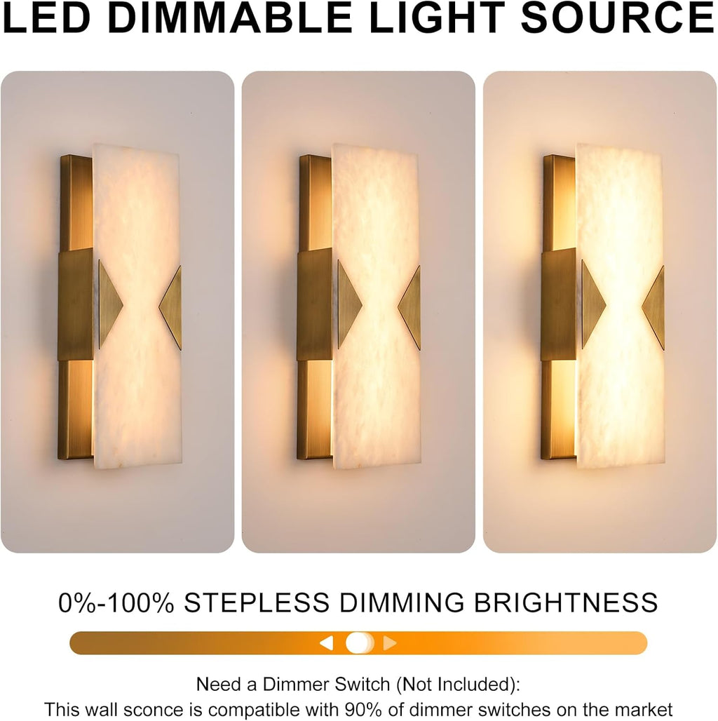 Alabaster Wall Sconces Set of 2,14.2in Modern Natural Marble Vanity Light, Hardwired Brass Gold Wall Sconces Lighting for Living Room,Bedroom,Indoor LED Alabaster Sconces for Bathroom Mirror,Hallway