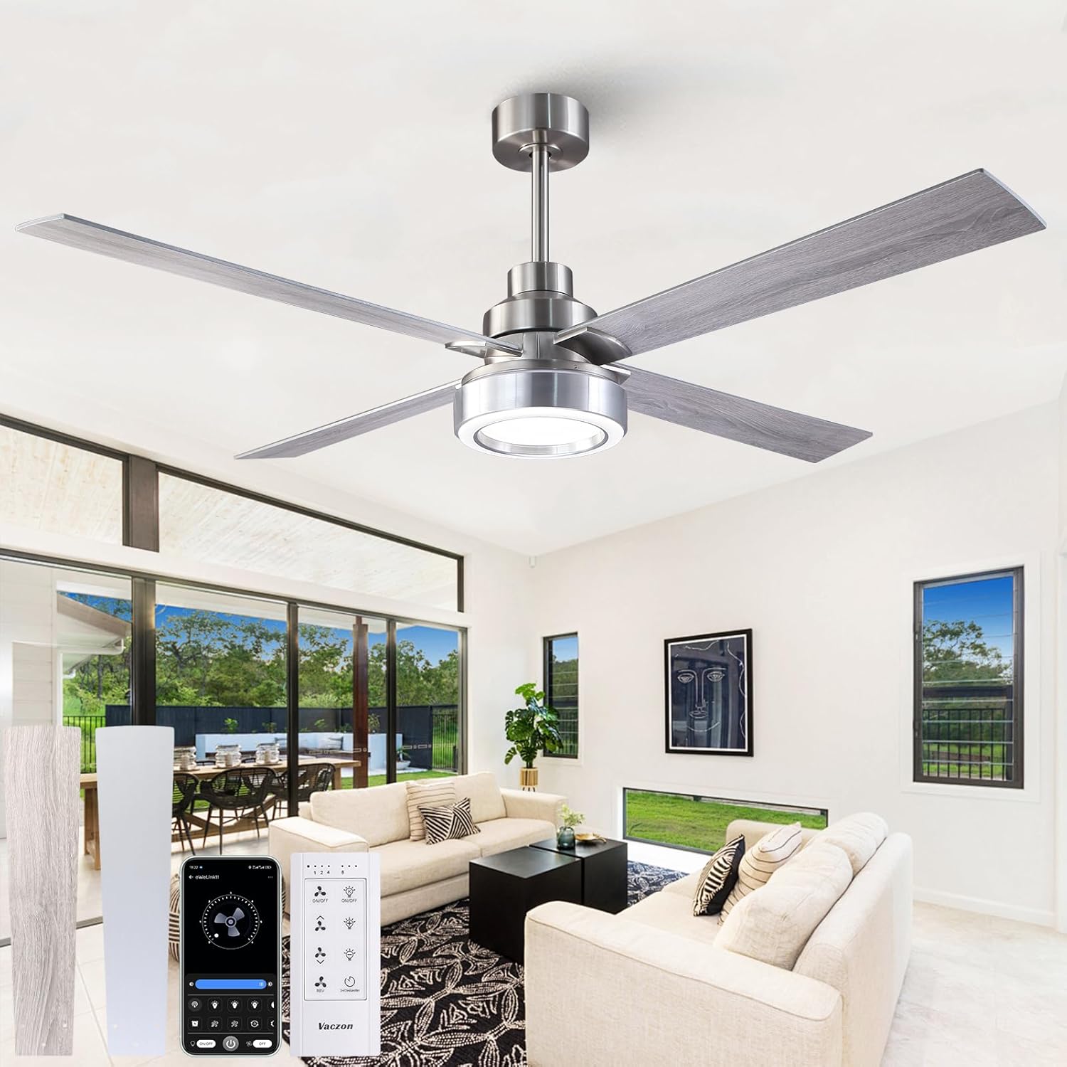 60 Inch Large Ceiling Fans with Lights and Remote/APP, Modern Brushed Nickel Ceiling Fan, 3CCT Dimmable, 6-Speeds Reversible, Quiet High Airflow Fan with Long Downrods for Living Room, Shop