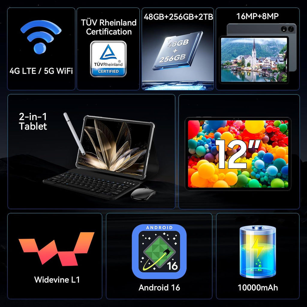 2026 upgrated 12 inch Tablet, Android 16 Tablet with Keyboard, 2K QHD Display for High-Res Gaming/Art/Productivity,with Wideline, 48GB+256GB+2TB, 5G WiFi/Octa-Core/10000mAh/GMS/GPS-4-year Warranty