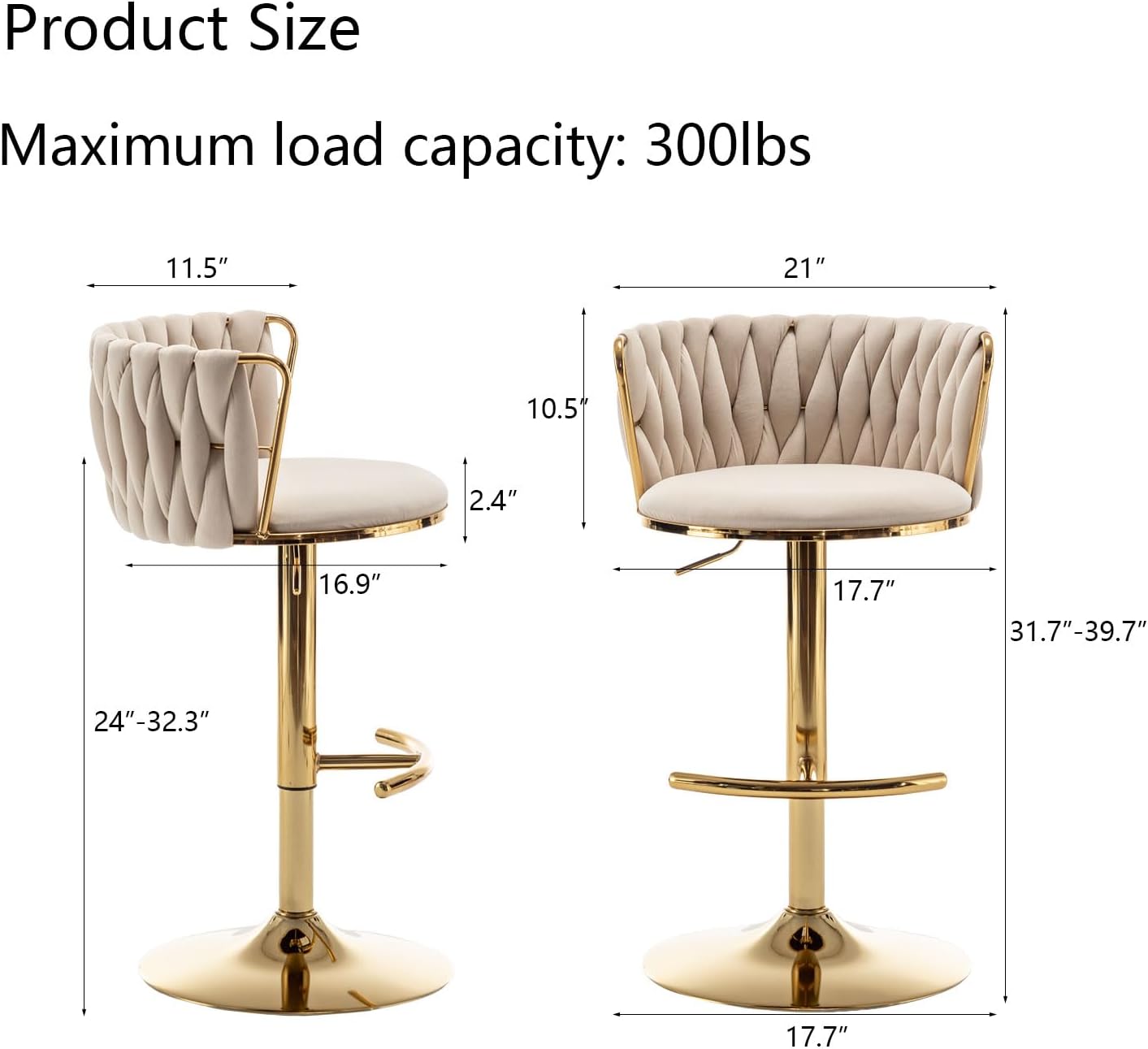 Riknuxi Woven Bar Stools Set of 4, Counter Height Bar Stools with Low Back, Gold Swivel Barstools for Kitchen Island, Bar Pub (Beige)