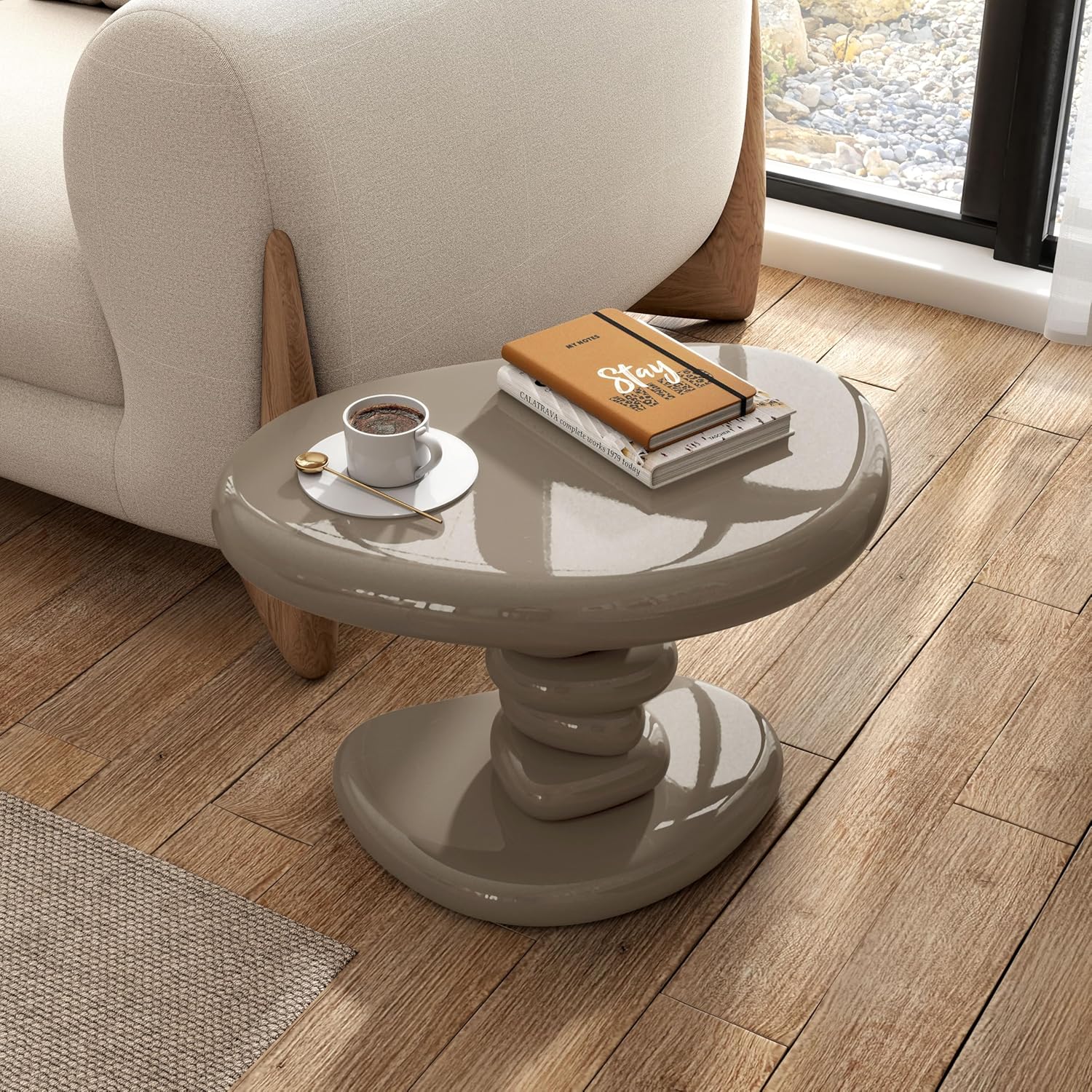 24/7 Shop at Home Kavren Modern 22-inch Oval Glossy Pedestal End Table, Stone Shape Living Room Furniture for Small Space, Dark Brown