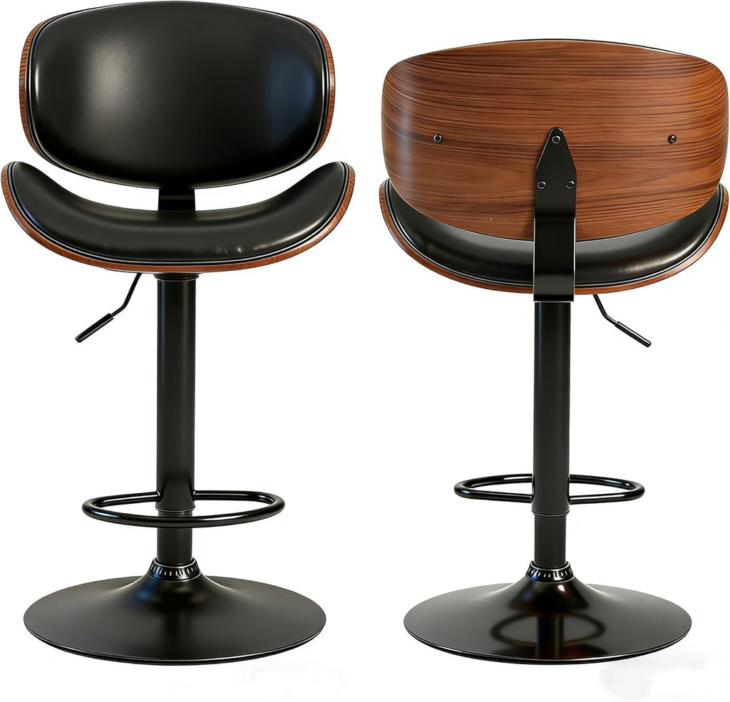 Simple Deluxe Set of 2 PU Leather Swivel Bar Stools, Adjustable Height Bentwood Dining Chairs with Back & Foot Rest, Modern Counter Height Stools for Kitchen, Bar & Dining Room, Black