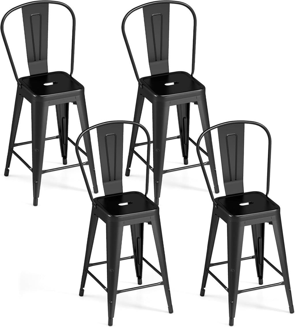 Giantex 24" Metal Bar Stools Set of 4, Counter Height Bar Chairs w/Removable Back & Integrated Footrest, High Back Barstools w/Rubber Foot Pads for Kitchen Dining Rooms, Restaurants, Black