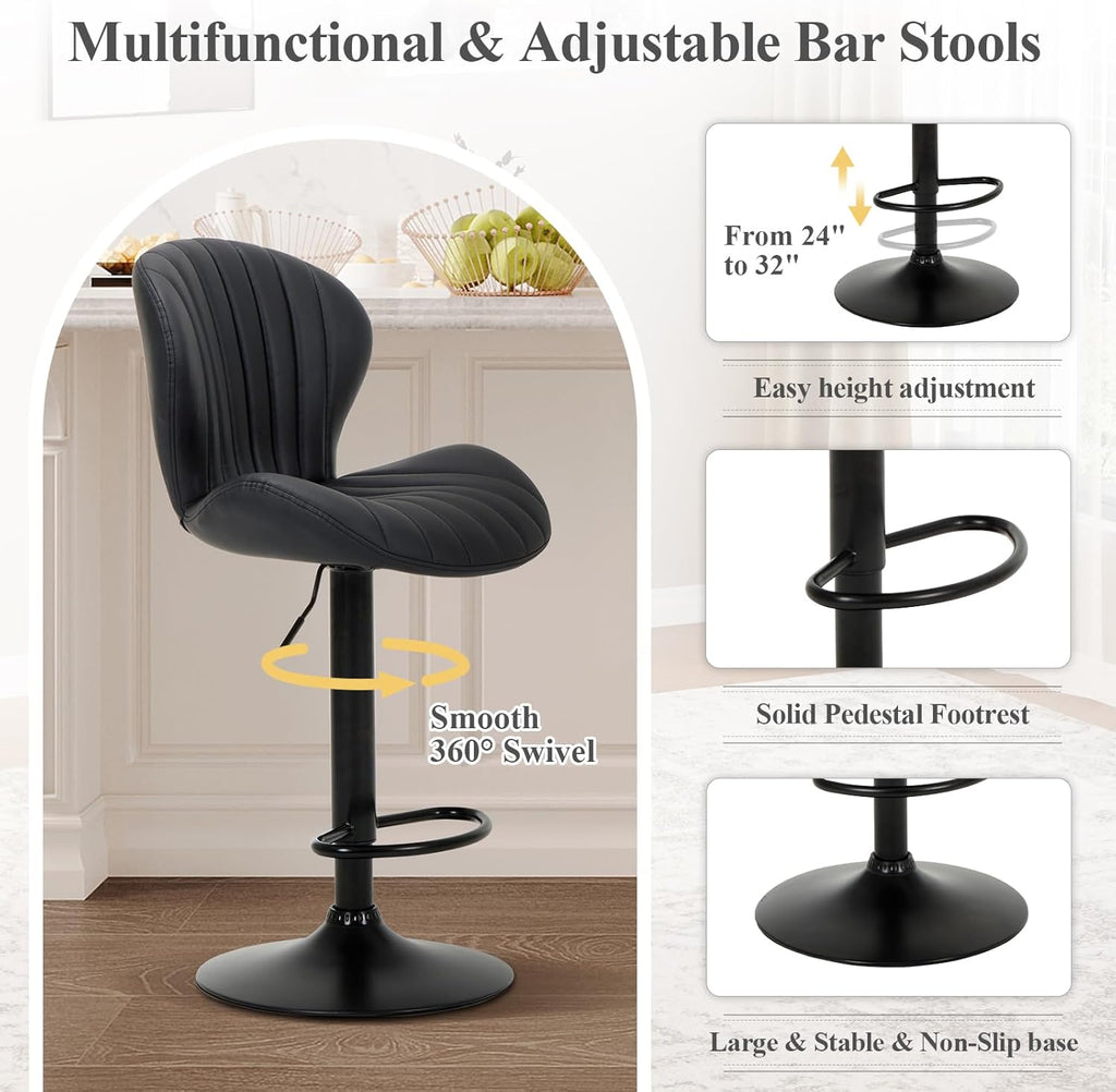 COLAMY Bar Stools Set of 4, Modern Swivel Bar Chairs, Adjustable Faux Leather Upholstered Barstools Counter Height with High Backrest for Bar, Kitchen Island, Dining Room, Black