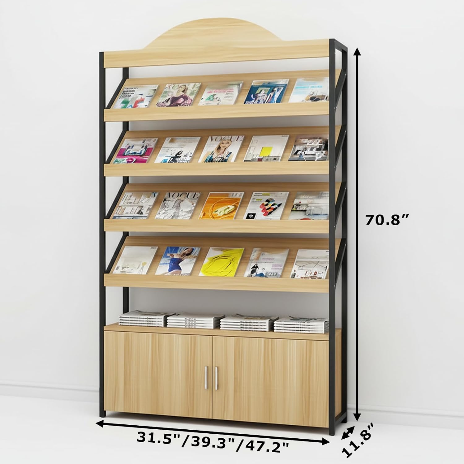 Magazine Rack Floor, 3/4-Tier Floor Magazine Rack with Bottom Storage Cabinet, Sturdy Carbon Steel & Wood Literature Stand, Space-Saving Design for Living Room, Coffee Shop, Office, School