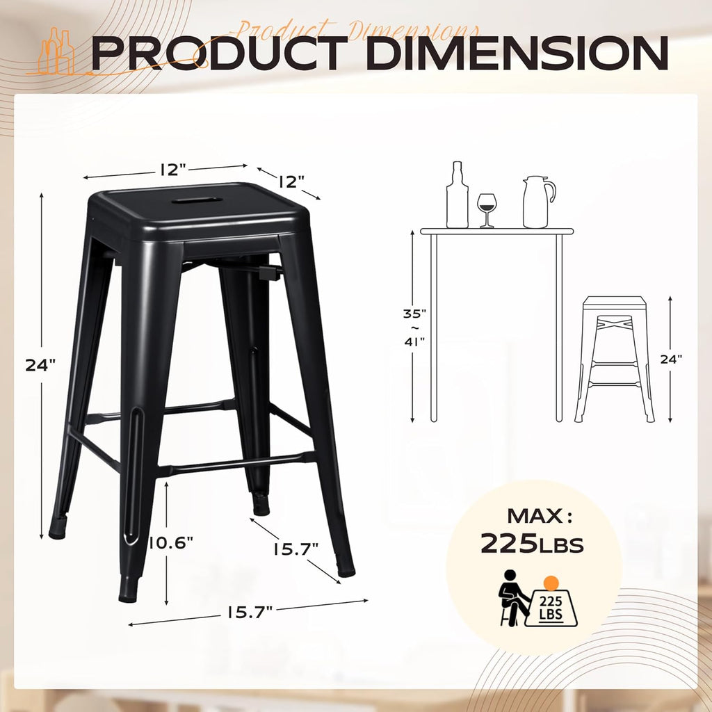 Furmax 24 Inch Metal Bar Stools Set of 4, Counter Height Bar Stools Height High Backless Stools Industrial Stackable Bar Chairs for Dining Room Kitchen Indoor Outdoor Stools Bar Chairs (Black)