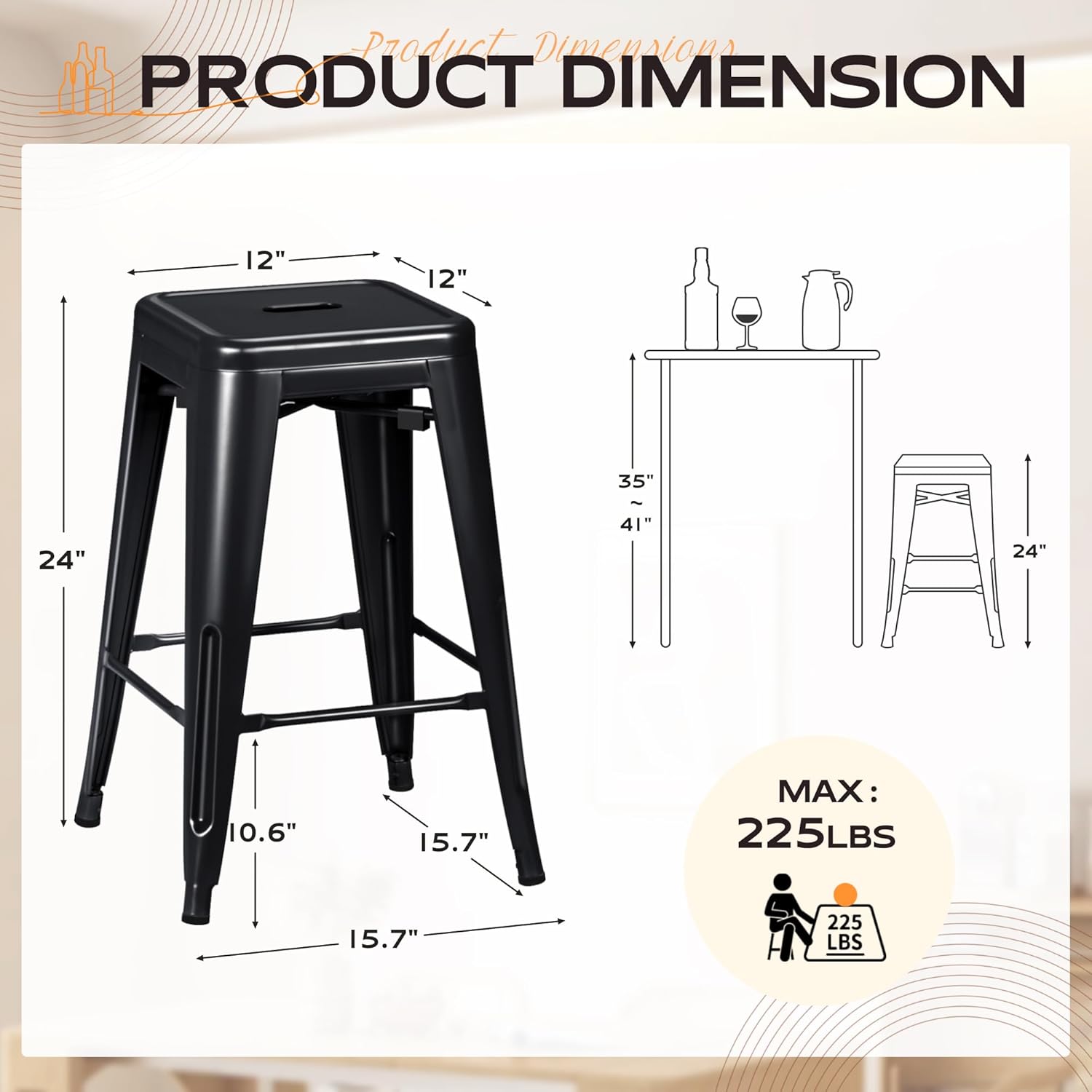 Furmax 24 Inch Metal Bar Stools Set of 4, Counter Height Bar Stools Height High Backless Stools Industrial Stackable Bar Chairs for Dining Room Kitchen Indoor Outdoor Stools Bar Chairs (Black)