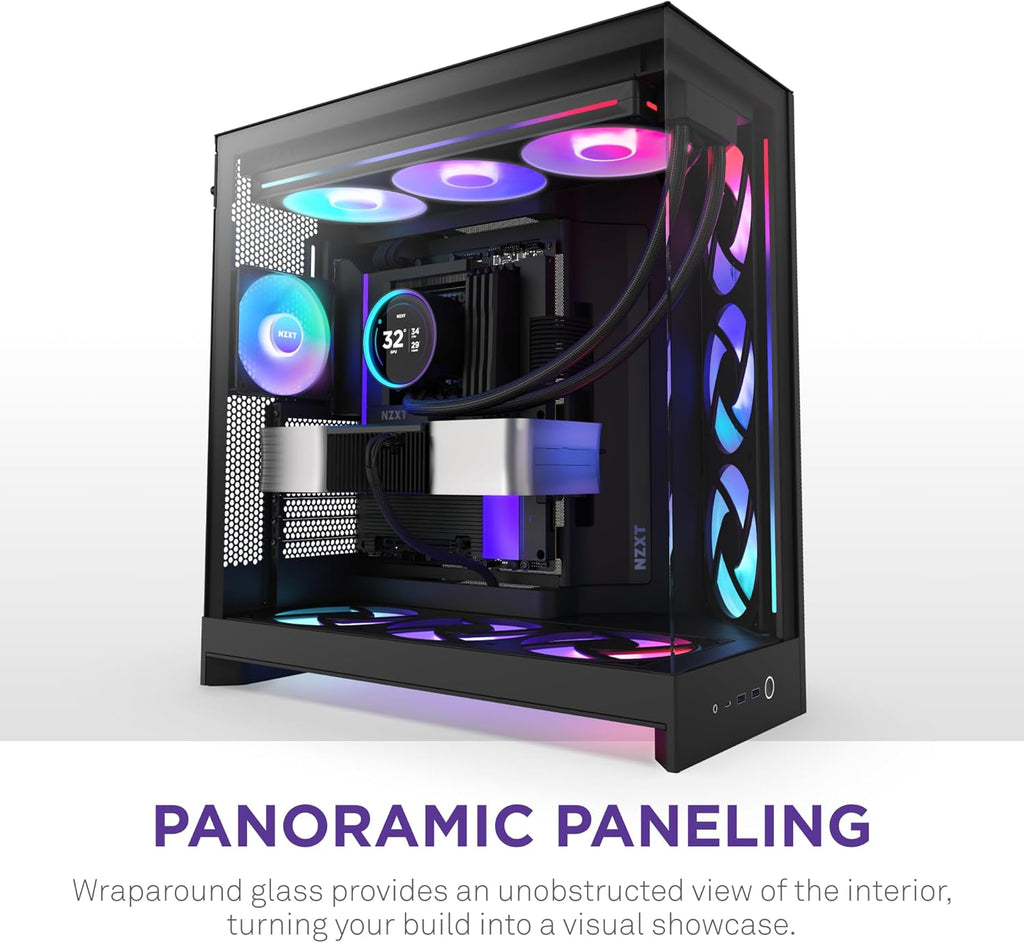 NZXT H9 Flow RGB+ (2025) – Large Dual-Chamber ATX Mid-Tower Airflow PC Case – Includes 7 RGB Fans (6 x 140mm, 1 x 120mm) & Control Hub – 420mm Radiator Support – Back-Connect Ready – Black