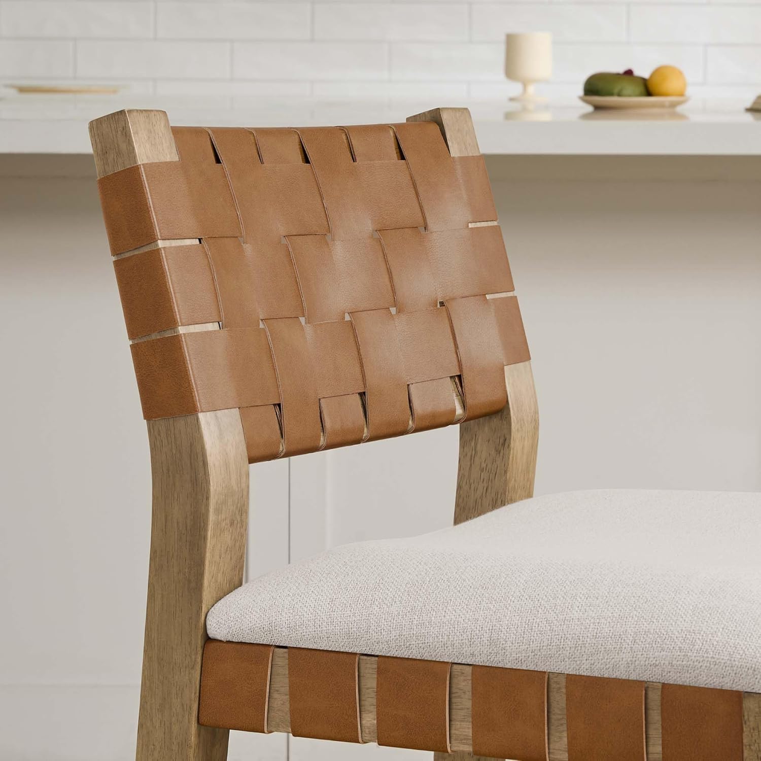 CHITA Woven Bar Stools Set of 3, 26" Counter Height Bar Stools with Backrest, Handwoven Counter Stools with Wood Frame for Kitchen Island & Home Bar, Saddle Brown