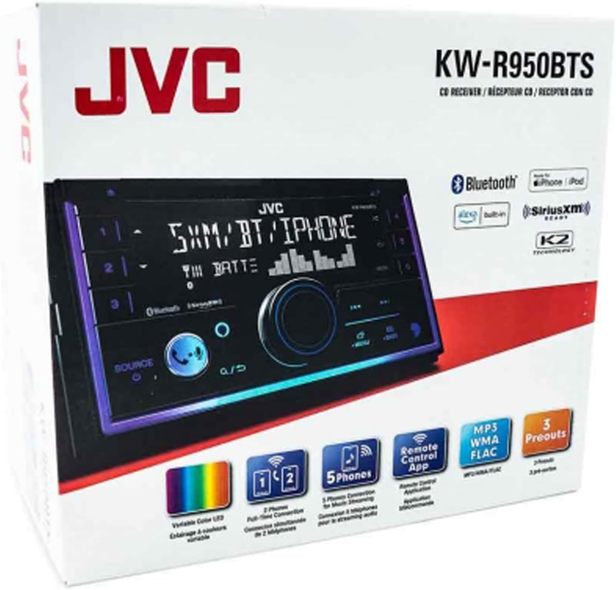 JVC KW-R950BTS 2-DIN CD Receiver BT/USB/Sirius XM/Amazon Alexa/13-Band EQ/Variable-Color Illumination with SXV300v1 Satellite Radio Tuner