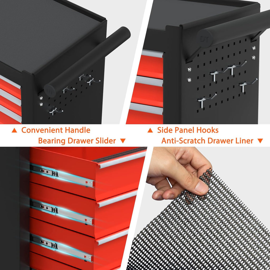 7-Drawer High Capacity Rolling Tool Box, Removable Cabinet Storage Tool Chest with Wheels and Drawers, Detachable Toolbox with Lock for Mechanics Garage Workshop and Tool Room (Black&red)
